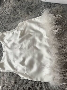 Satin Feather-Trim Bandeau Top - White